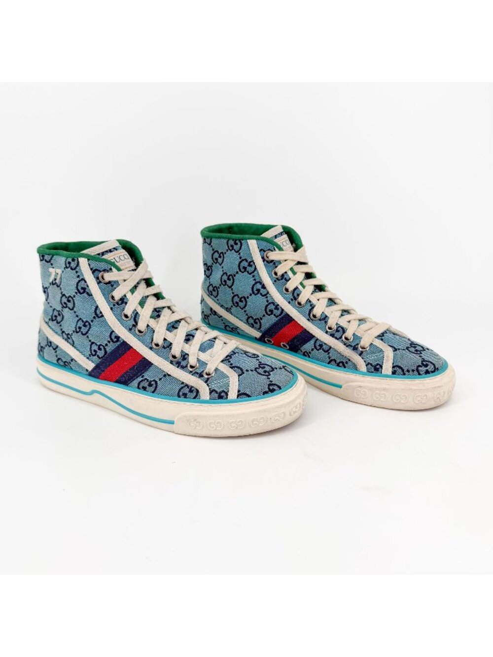 Gucci 1977 Tennis Blue GG Canvas High Top Sneakers Shoes Size 37 US 7 Women’s